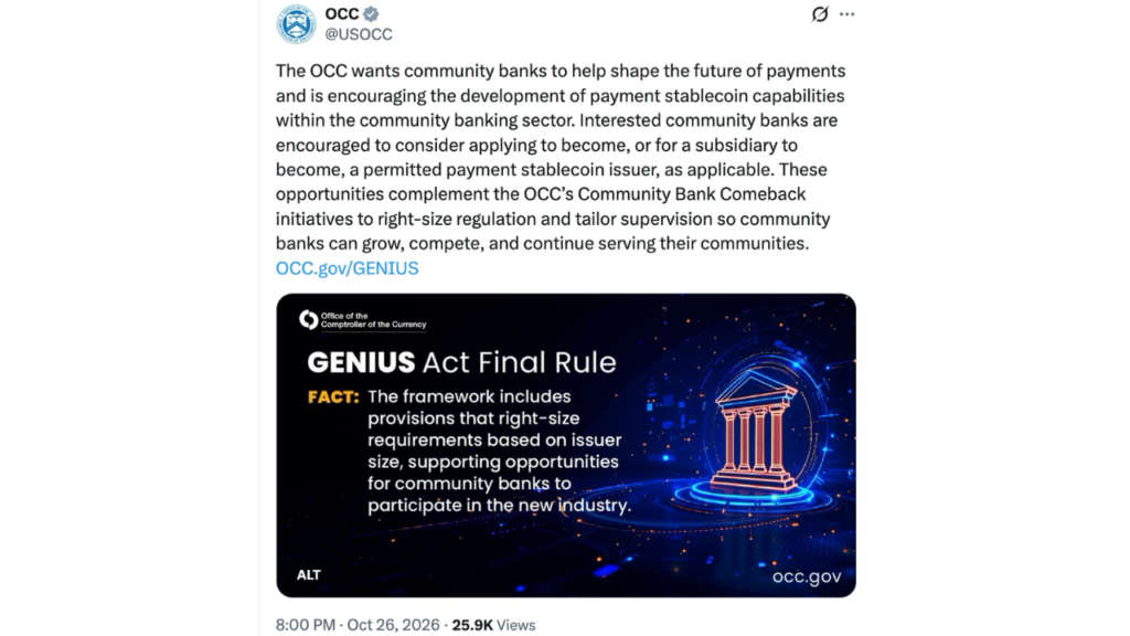 OCC Urges U.S. Community Banks to Enter the Stablecoin Market (Source: X)